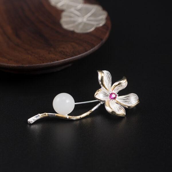 nice gardenia flower branch shape s925 sterling silver brooch, silver pin