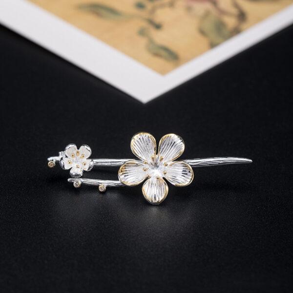 nice peach flower branch shape s925 sterling silver brooch, silver pin