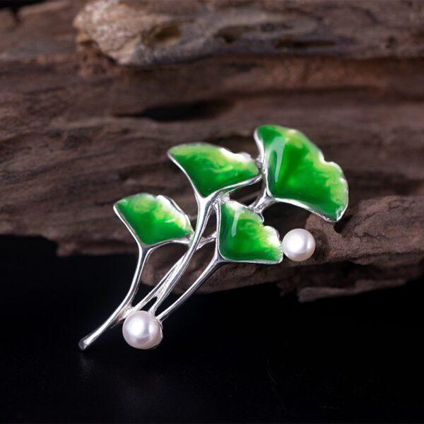 nice green enamel ginkgo leaf shape s925 sterling silver brooch, silver pin