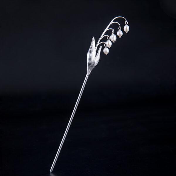 Bell lily flower branch shape s925 sterling silver pearl tassel hairpin, hair stick