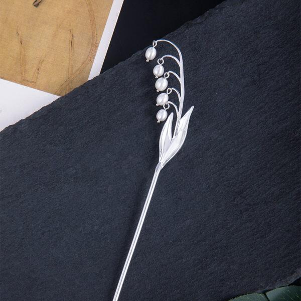 Bell lily flower branch shape s925 sterling silver pearl tassel hairpin, hair stick - Image 4