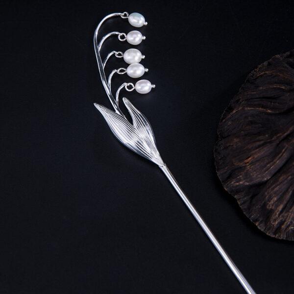 Bell lily flower branch shape s925 sterling silver pearl tassel hairpin, hair stick - Image 5