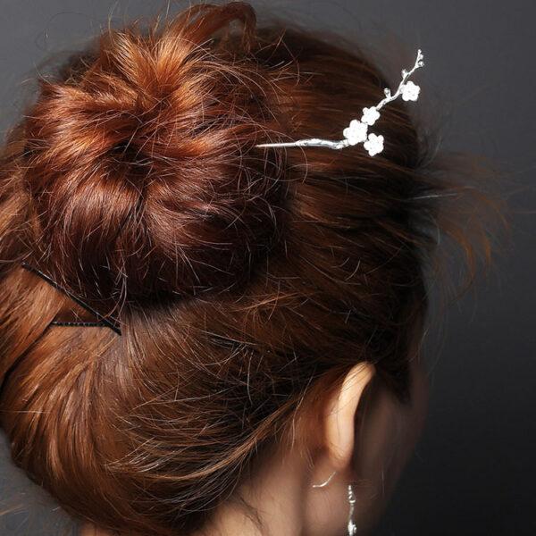 plum flowers branch shape s925 sterling silver hairpin, hair stick - Image 7